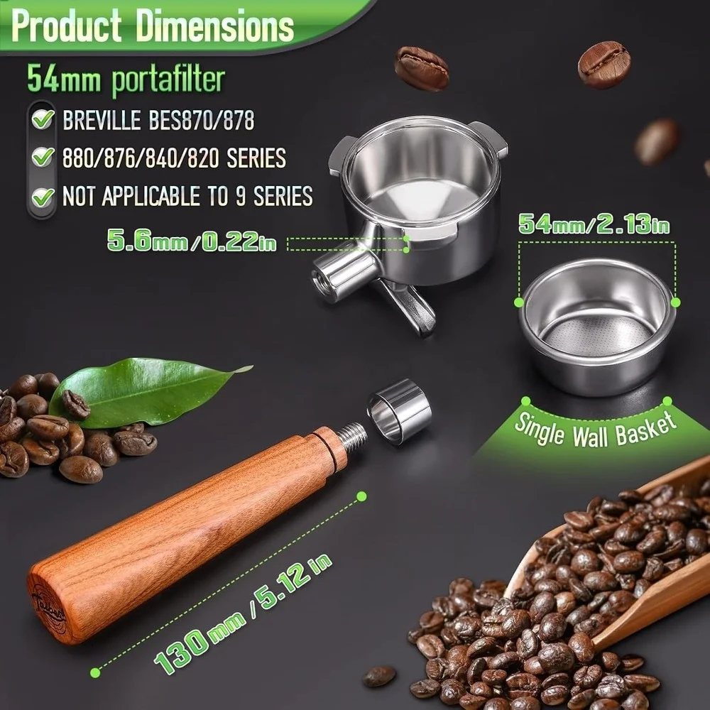 TaiBest‎ 54mm Portafilter Breville BES870 878 880 Dual Spout Rosewood Stainless